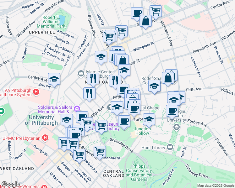 map of restaurants, bars, coffee shops, grocery stores, and more near 133 North Dithridge Street in Pittsburgh