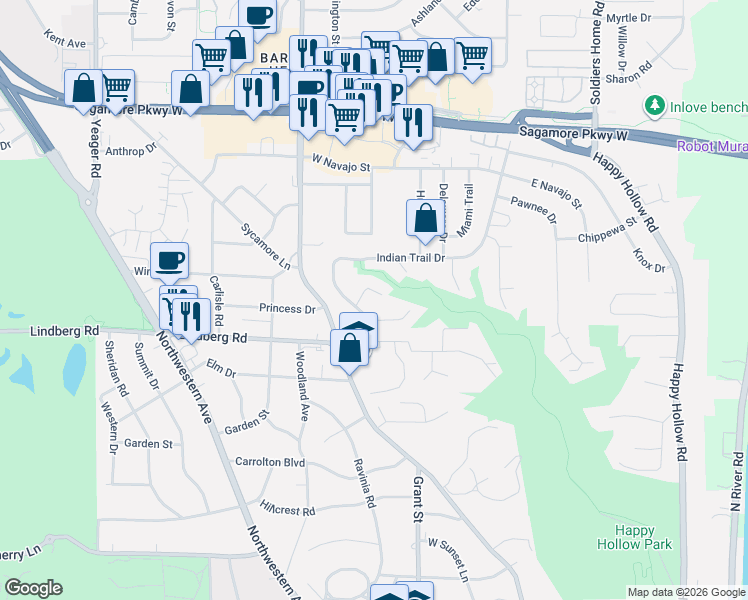 map of restaurants, bars, coffee shops, grocery stores, and more near 128 Black Hawk Lane in West Lafayette