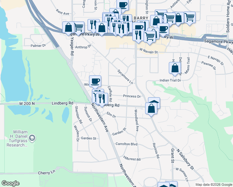 map of restaurants, bars, coffee shops, grocery stores, and more near 2000 Carlisle Road in West Lafayette