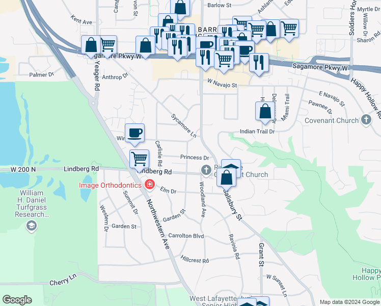 map of restaurants, bars, coffee shops, grocery stores, and more near 816 Princess Drive in West Lafayette