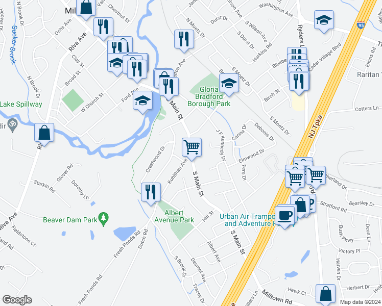 map of restaurants, bars, coffee shops, grocery stores, and more near South Main Street & Kuhlthau Avenue in Milltown