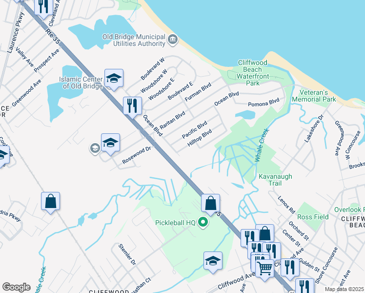 map of restaurants, bars, coffee shops, grocery stores, and more near 118 Hilltop Boulevard in Keyport