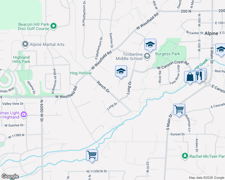 map of restaurants, bars, coffee shops, grocery stores, and more near 444 Ranch Drive in Alpine