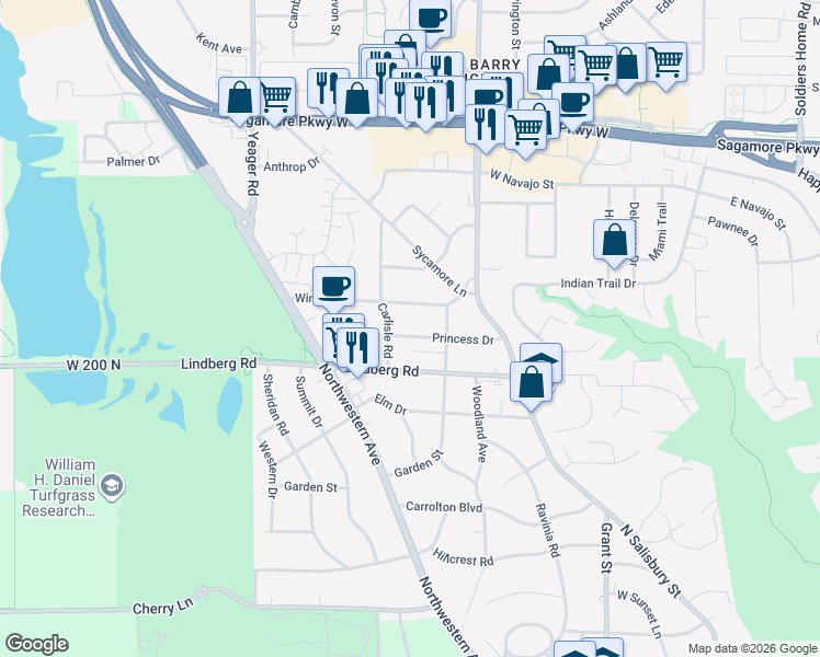 map of restaurants, bars, coffee shops, grocery stores, and more near 2000 Carlisle Road in West Lafayette