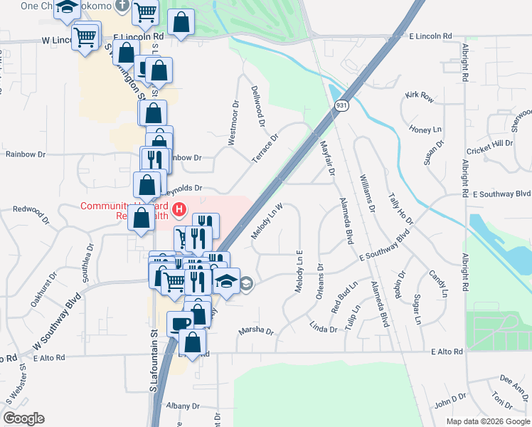 map of restaurants, bars, coffee shops, grocery stores, and more near 3337-3481 South Reed Road in Kokomo