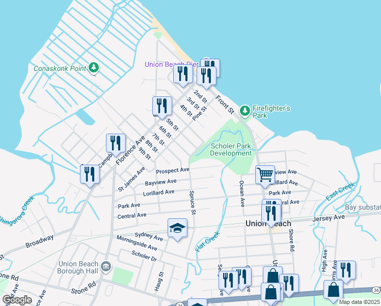 map of restaurants, bars, coffee shops, grocery stores, and more near 605 Spruce Street in Union Beach