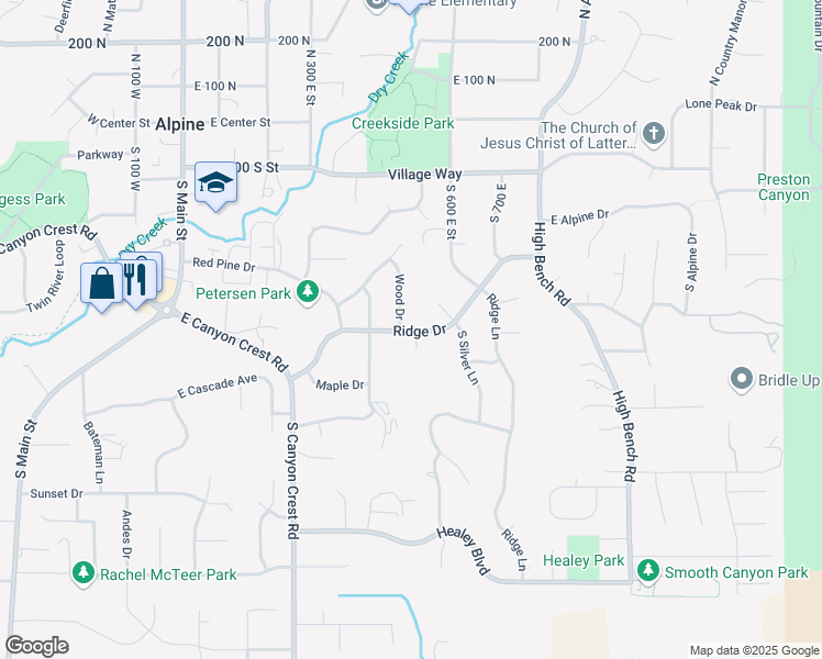 map of restaurants, bars, coffee shops, grocery stores, and more near 495 East Ridge Drive in Alpine