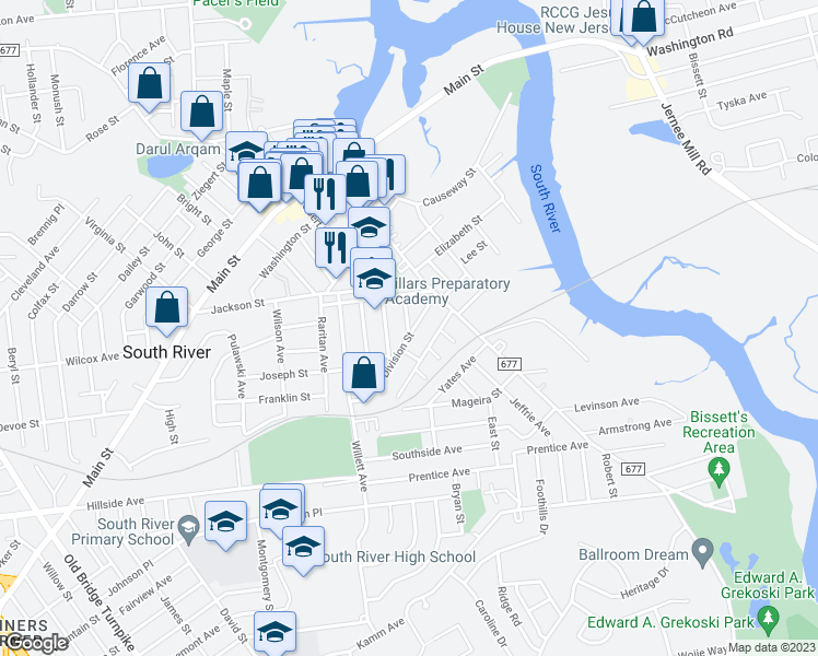 map of restaurants, bars, coffee shops, grocery stores, and more near 89 Division Street in South River