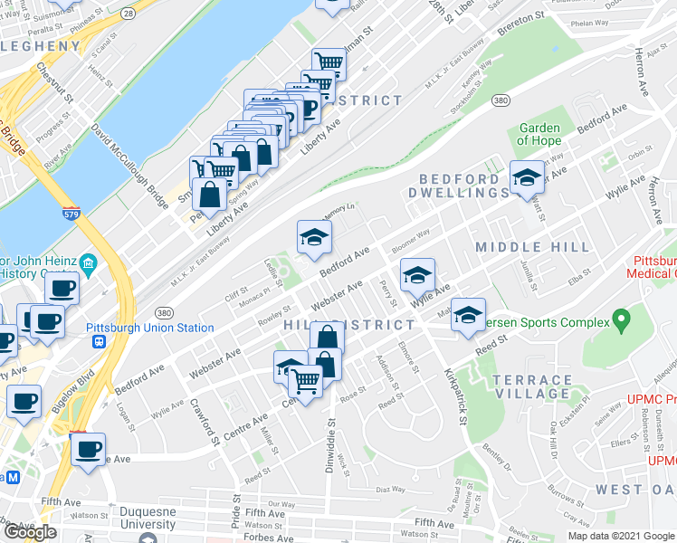 map of restaurants, bars, coffee shops, grocery stores, and more near 2116 Bedford Avenue in Pittsburgh