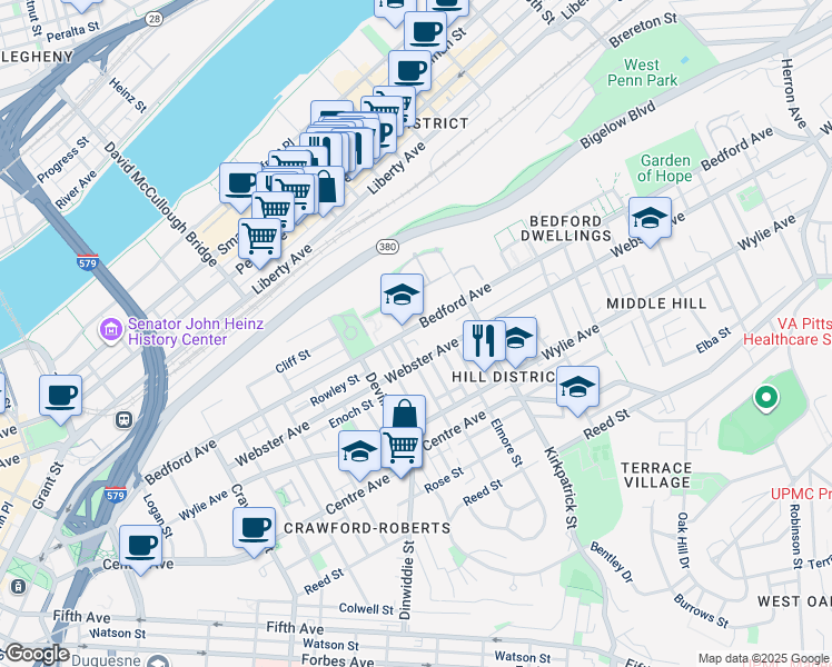 map of restaurants, bars, coffee shops, grocery stores, and more near 2116 Bedford Avenue in Pittsburgh