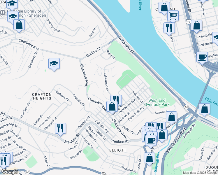 map of restaurants, bars, coffee shops, grocery stores, and more near 1231 Lakewood Avenue in Pittsburgh