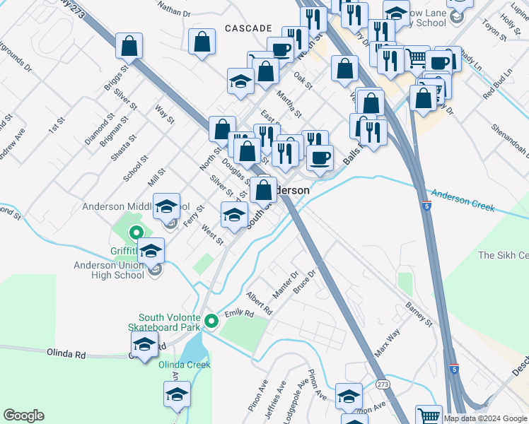 map of restaurants, bars, coffee shops, grocery stores, and more near 1900 South Street in Anderson