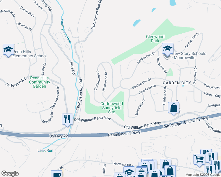 map of restaurants, bars, coffee shops, grocery stores, and more near 704 Cottonwood Drive in Monroeville