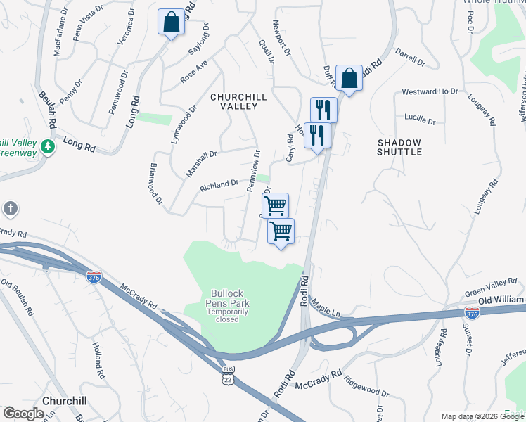 map of restaurants, bars, coffee shops, grocery stores, and more near 531 Pennview Drive in Pittsburgh