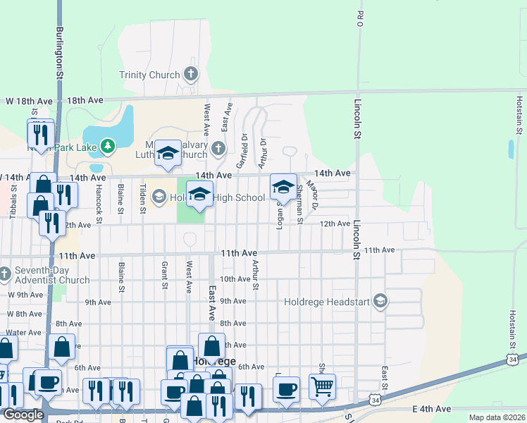 map of restaurants, bars, coffee shops, grocery stores, and more near 1201-1299 Logan St in Holdrege