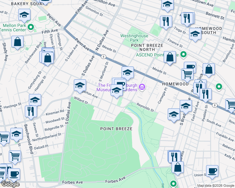 map of restaurants, bars, coffee shops, grocery stores, and more near 7103 Reynolds Street in Pittsburgh