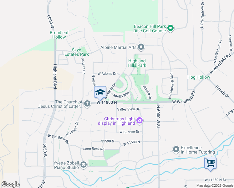map of restaurants, bars, coffee shops, grocery stores, and more near 6242 Apollo Way in Highland