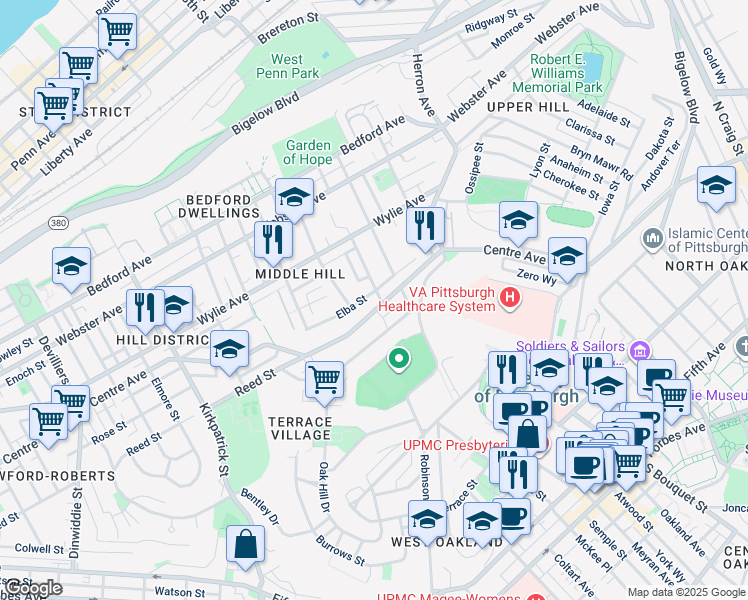 map of restaurants, bars, coffee shops, grocery stores, and more near 2621 Centre Avenue in Pittsburgh