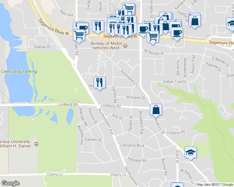 map of restaurants, bars, coffee shops, grocery stores, and more near 2000 Carlisle Road in West Lafayette