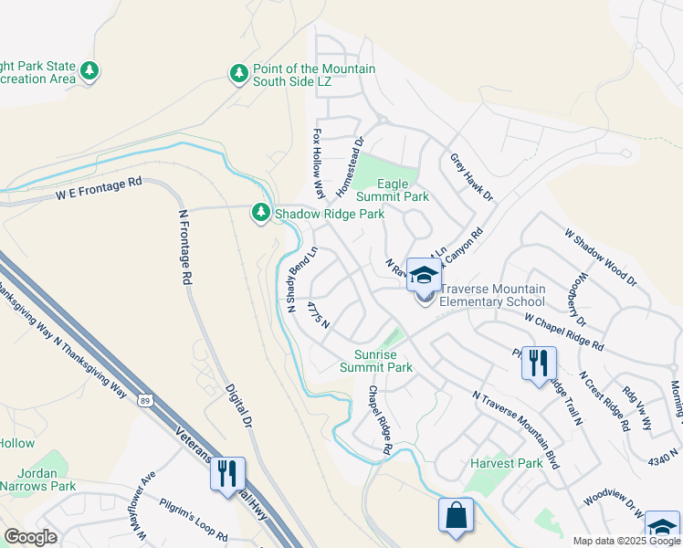 map of restaurants, bars, coffee shops, grocery stores, and more near 4859 North Shady View Lane in Lehi