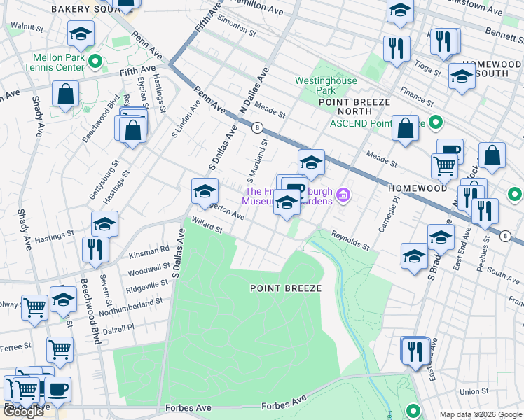 map of restaurants, bars, coffee shops, grocery stores, and more near 7036 Reynolds Street in Pittsburgh