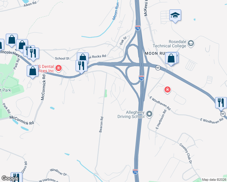 map of restaurants, bars, coffee shops, grocery stores, and more near 104 Wingate Drive in Crafton