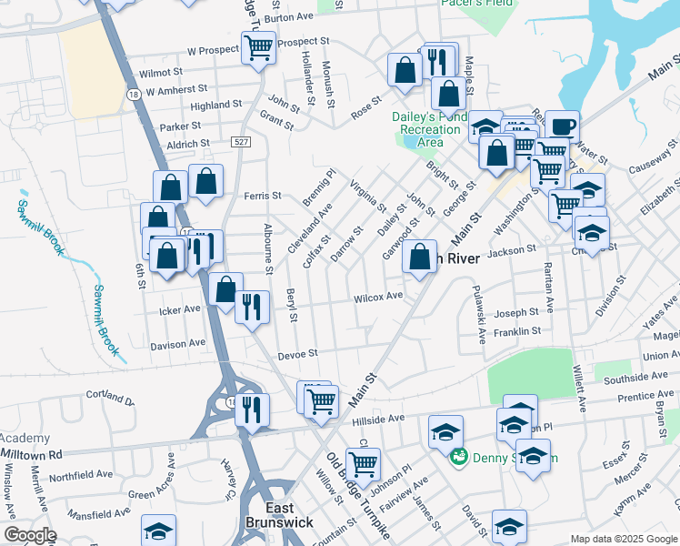 map of restaurants, bars, coffee shops, grocery stores, and more near 14 Edgewood Street in South River