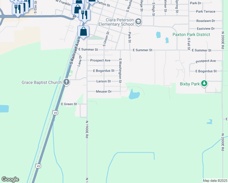 map of restaurants, bars, coffee shops, grocery stores, and more near 449 Meuser Drive in Paxton