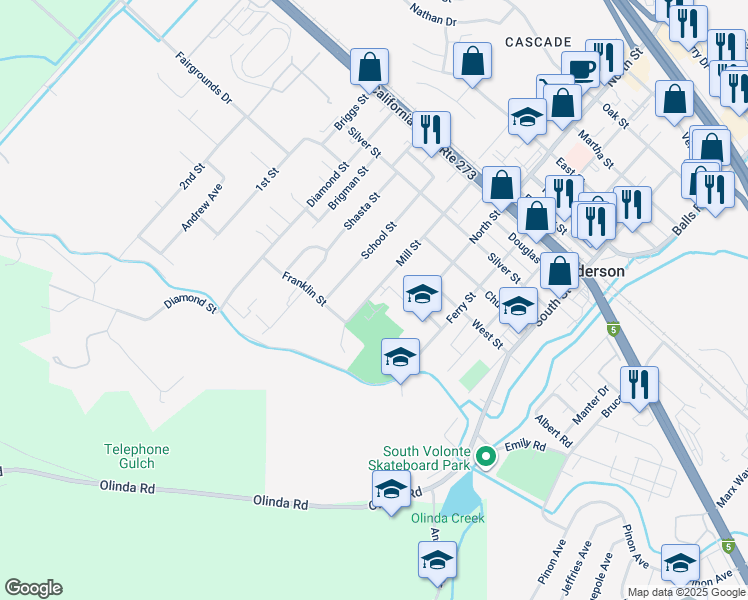 map of restaurants, bars, coffee shops, grocery stores, and more near 1645 Mill Street in Anderson