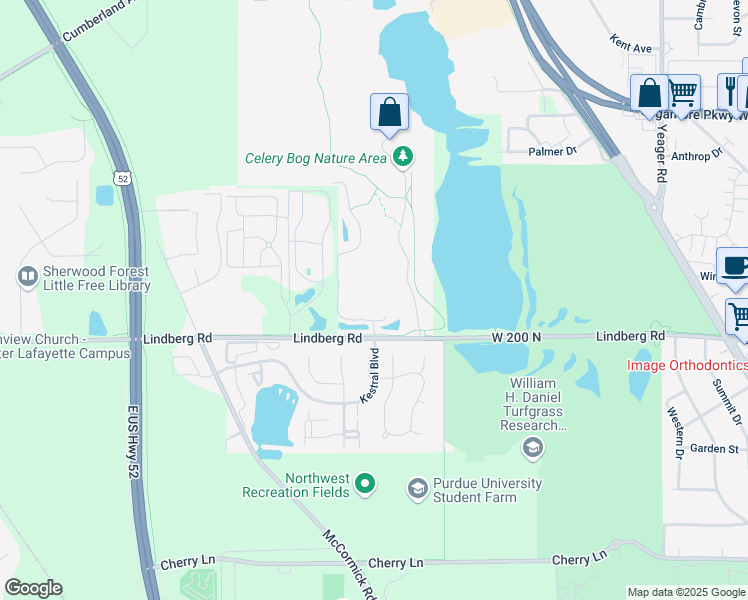 map of restaurants, bars, coffee shops, grocery stores, and more near 1700 Lindberg Road in West Lafayette