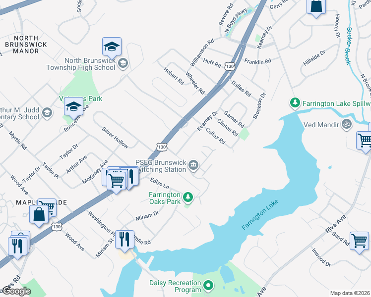 map of restaurants, bars, coffee shops, grocery stores, and more near 1420 Kearney Drive in North Brunswick Township