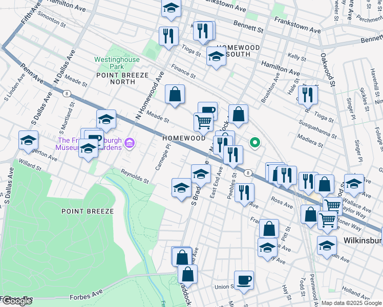 map of restaurants, bars, coffee shops, grocery stores, and more near 7500 Penn Avenue in Pittsburgh