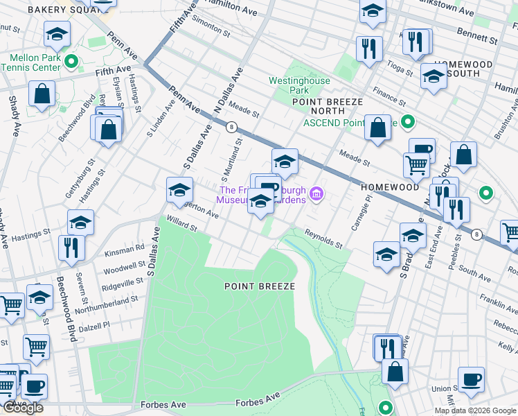 map of restaurants, bars, coffee shops, grocery stores, and more near 339 South Lang Avenue in Pittsburgh