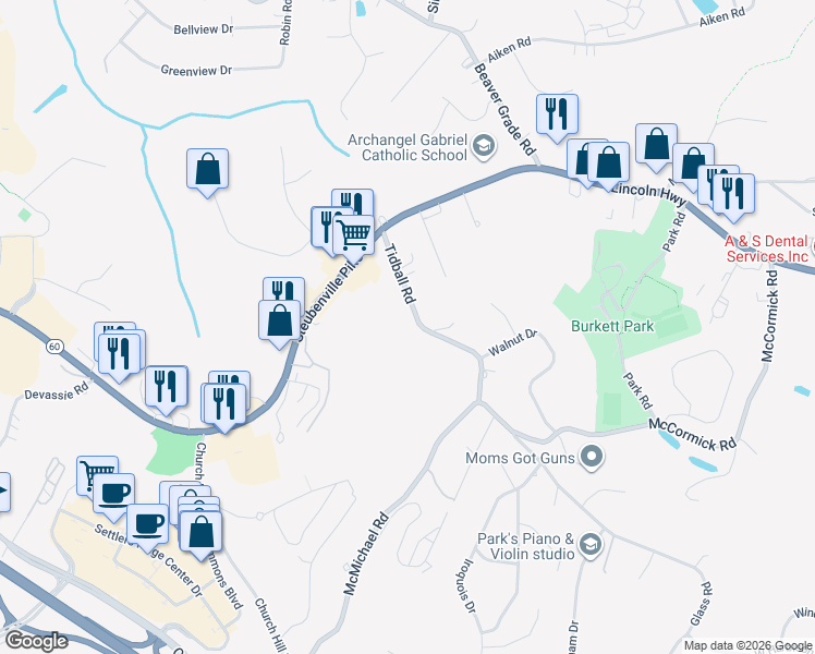 map of restaurants, bars, coffee shops, grocery stores, and more near 28 Tidball Road in McKees Rocks