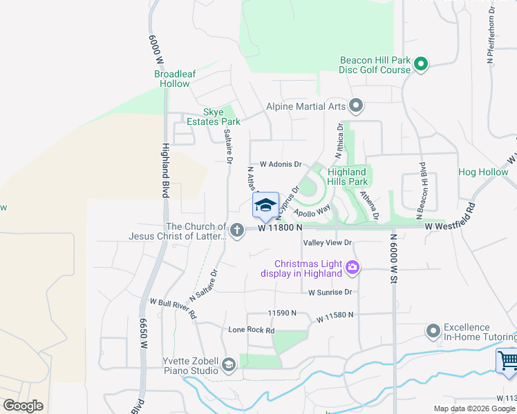 map of restaurants, bars, coffee shops, grocery stores, and more near 11865 North Atlas Drive in Highland