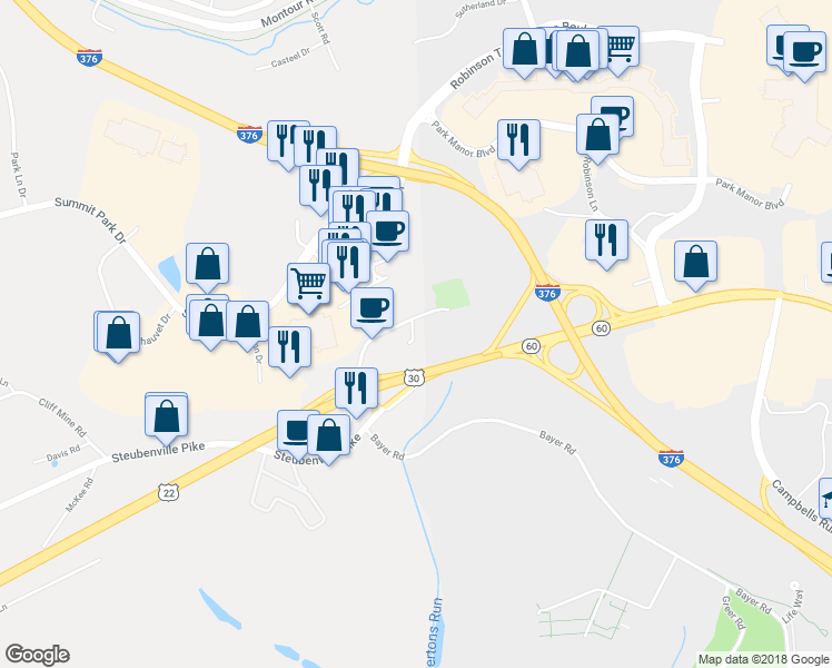map of restaurants, bars, coffee shops, grocery stores, and more near 3000 Montour Church Road in Oakdale