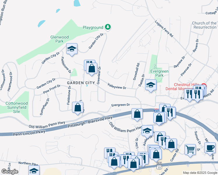 map of restaurants, bars, coffee shops, grocery stores, and more near 430 Valleyview Drive in Monroeville