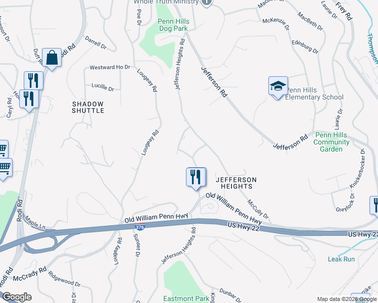 map of restaurants, bars, coffee shops, grocery stores, and more near 1110 Jefferson Heights Road in Pittsburgh