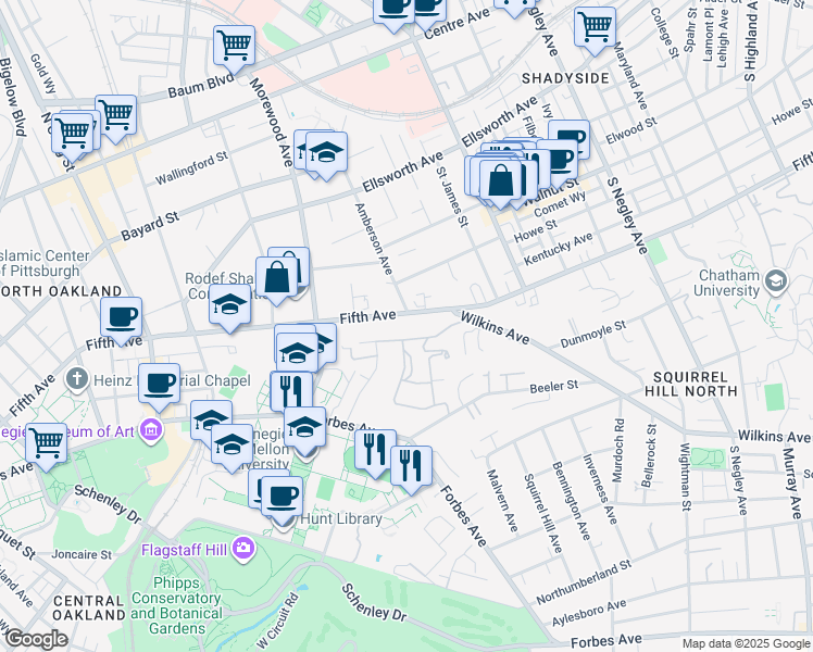 map of restaurants, bars, coffee shops, grocery stores, and more near 5100 Fifth Avenue in Pittsburgh
