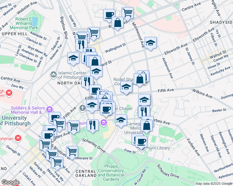 map of restaurants, bars, coffee shops, grocery stores, and more near 617 North Neville Street in Pittsburgh