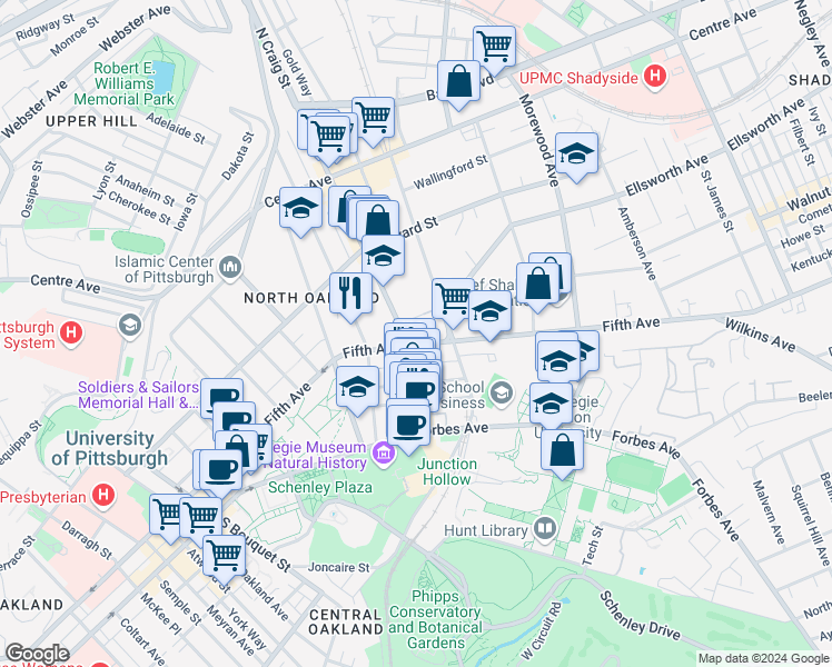 map of restaurants, bars, coffee shops, grocery stores, and more near in Pittsburgh