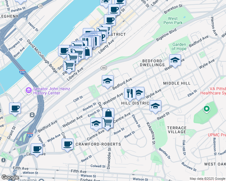 map of restaurants, bars, coffee shops, grocery stores, and more near 2116 Bedford Avenue in Pittsburgh