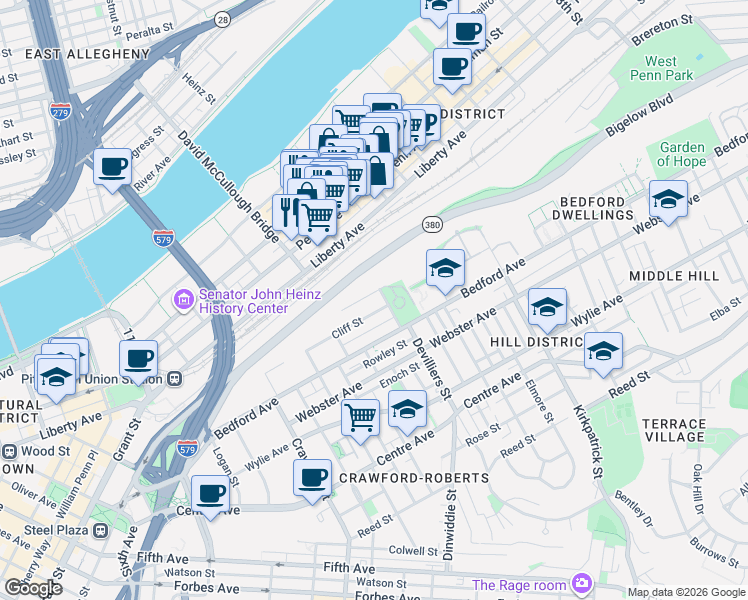 map of restaurants, bars, coffee shops, grocery stores, and more near 1843 Arcena Street in Pittsburgh