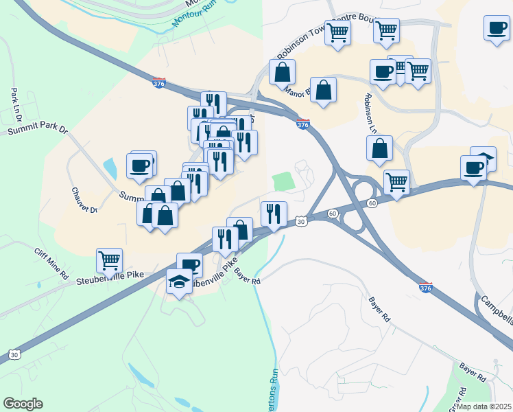map of restaurants, bars, coffee shops, grocery stores, and more near 3000 Montour Church Road in Oakdale