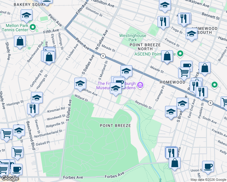 map of restaurants, bars, coffee shops, grocery stores, and more near 339 South Lang Avenue in Pittsburgh