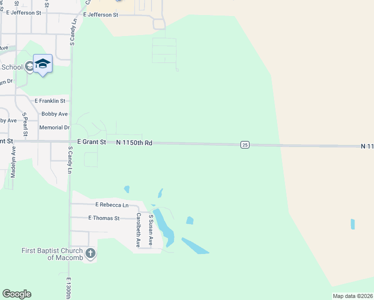 map of restaurants, bars, coffee shops, grocery stores, and more near 12125-13575 County Road 1150 N in Macomb