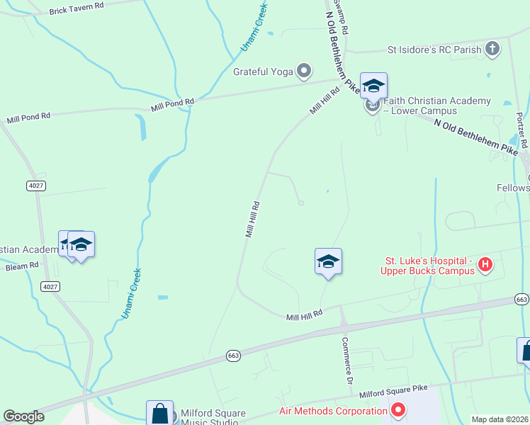 map of restaurants, bars, coffee shops, grocery stores, and more near 2255 Mill Hill Road in Quakertown