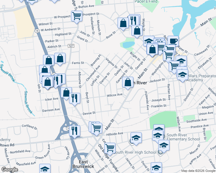 map of restaurants, bars, coffee shops, grocery stores, and more near 15 Edgewood Street in South River