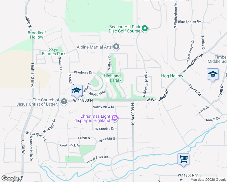 map of restaurants, bars, coffee shops, grocery stores, and more near 11852 Jupiter Circle in Highland