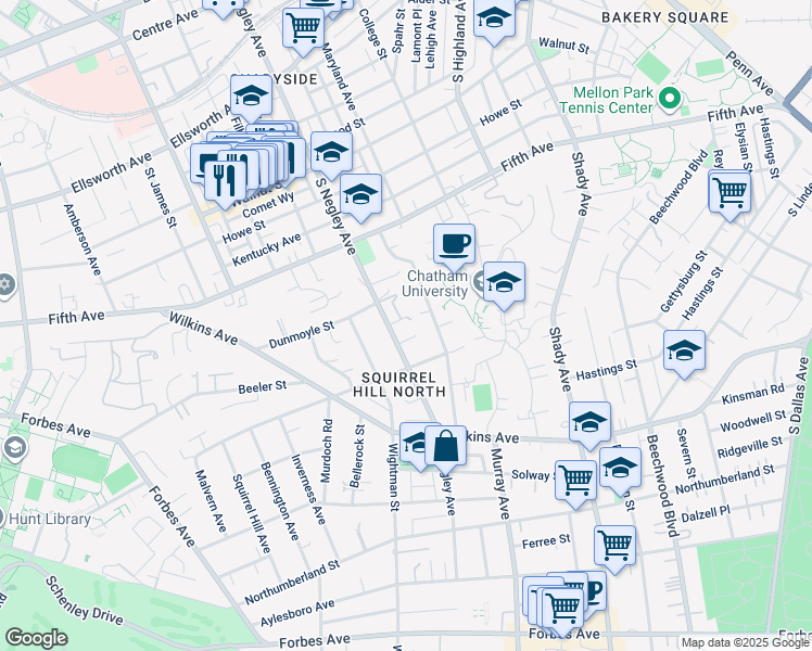 map of restaurants, bars, coffee shops, grocery stores, and more near 12 Dunmoyle Place in Pittsburgh